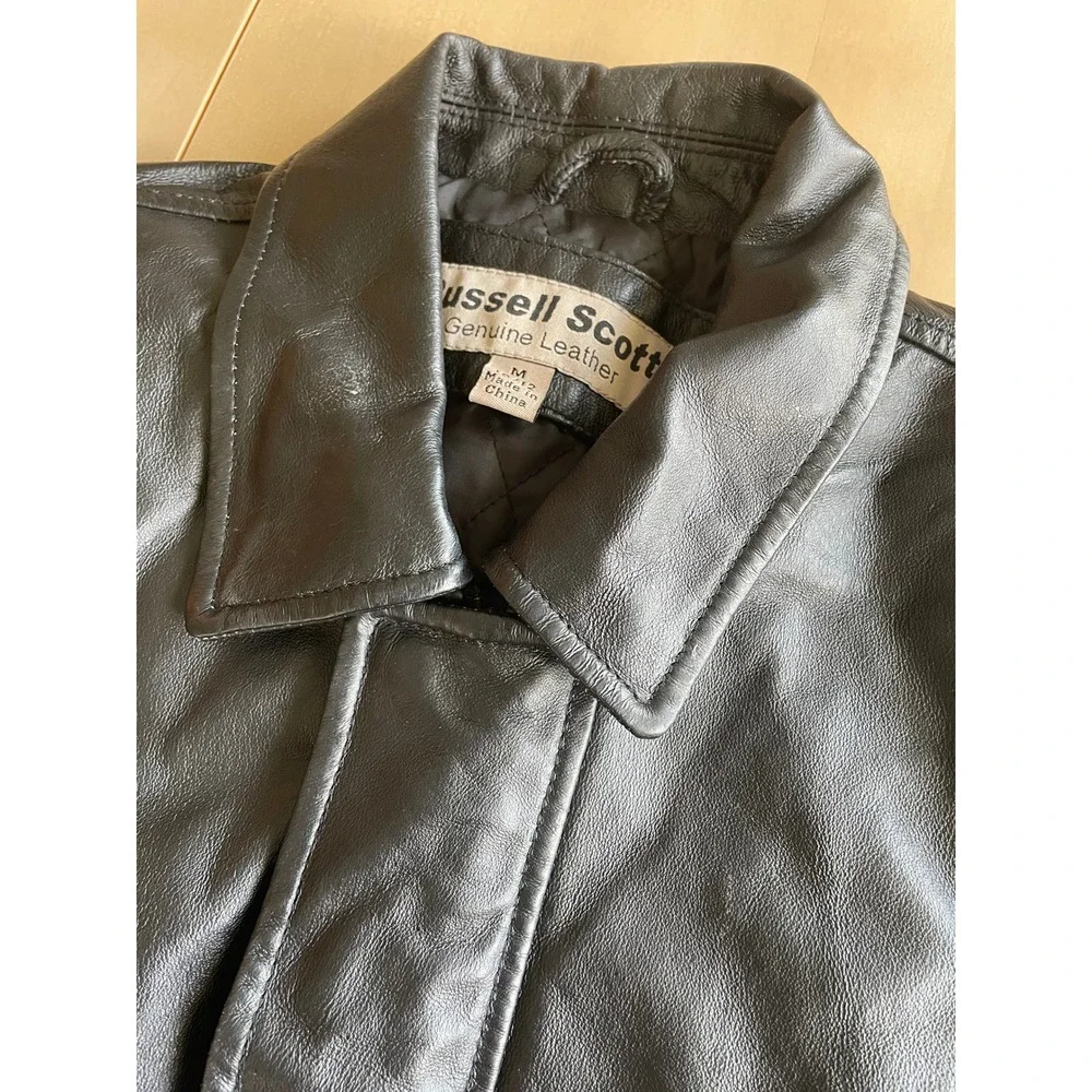 VTG Y2K Kids Russell Scott Black Genuine Leather Bomber Jacket - Size 10/12